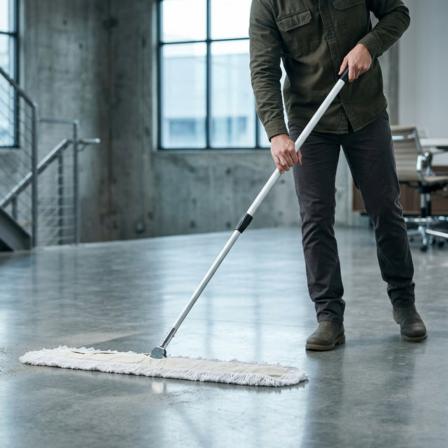 Person cleaning a floor with a mop in an indoor setting