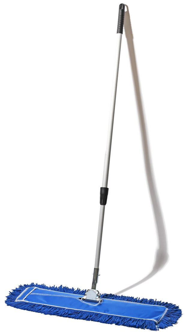 Blue dust mop with a black handle on a white background