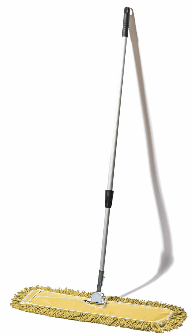 Yellow dust mop with a long handle on a white background