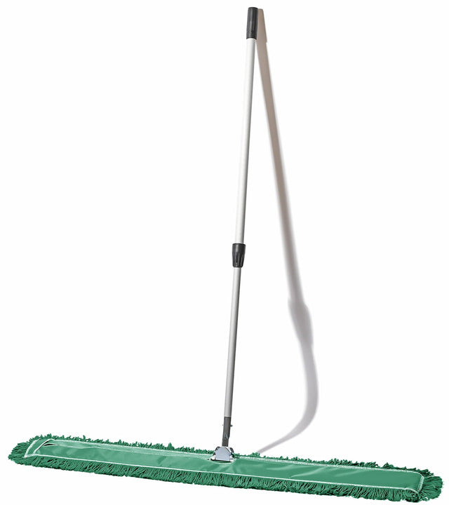Green dust mop with a long handle on a white background
