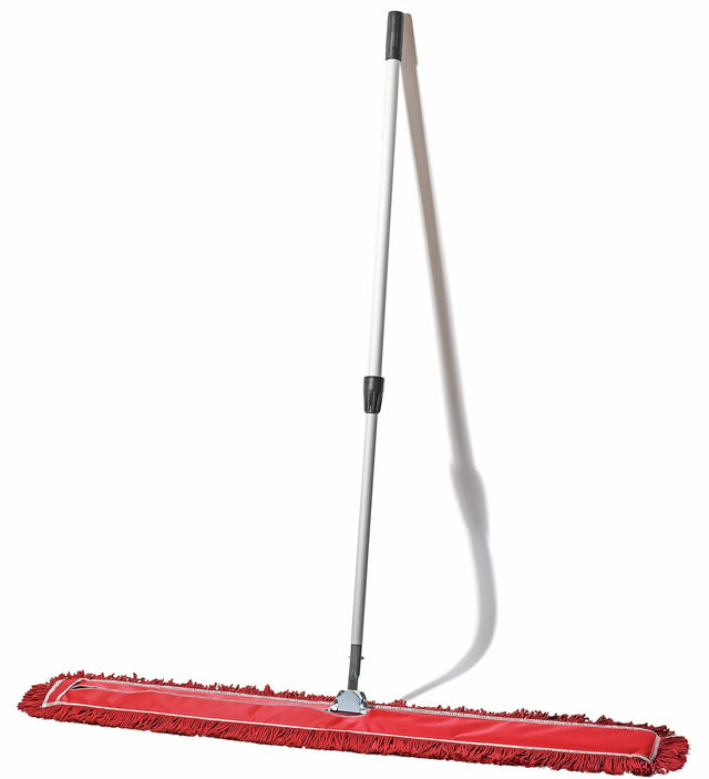 Red dust mop with a long handle on a white background
