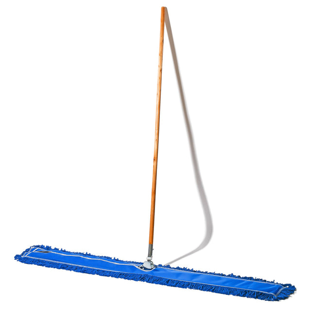 Blue dust mop with wooden handle on a white background