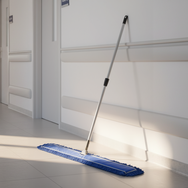 Mop cleaning a shiny floor in a well-lit room