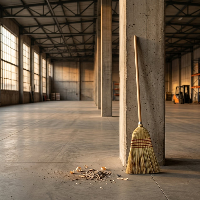 Broom leaning against a concrete wall in an industrial setting with sunlight streaming through large windows.