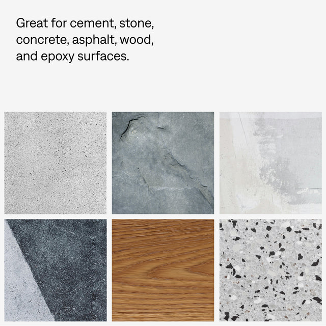 Text indicating suitability for various surfaces with images of concrete, stone, asphalt, wood, and epoxy textures.