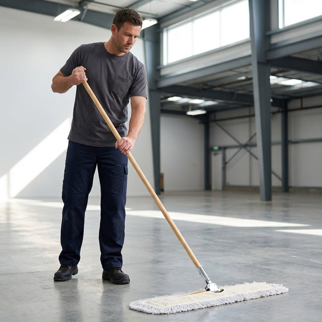 Man cleaning a large open room with a dry floor mop