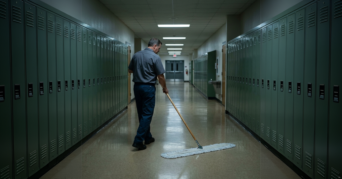 Hospital worker cleaning floors with a dust mop