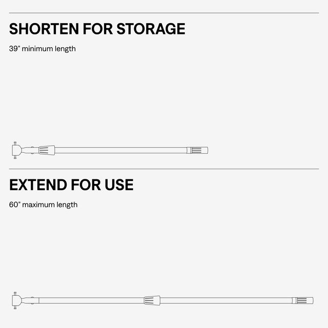 Diagram showing handle length instructions with 'Shorten for Storage' and 'Extend for Use' text.
