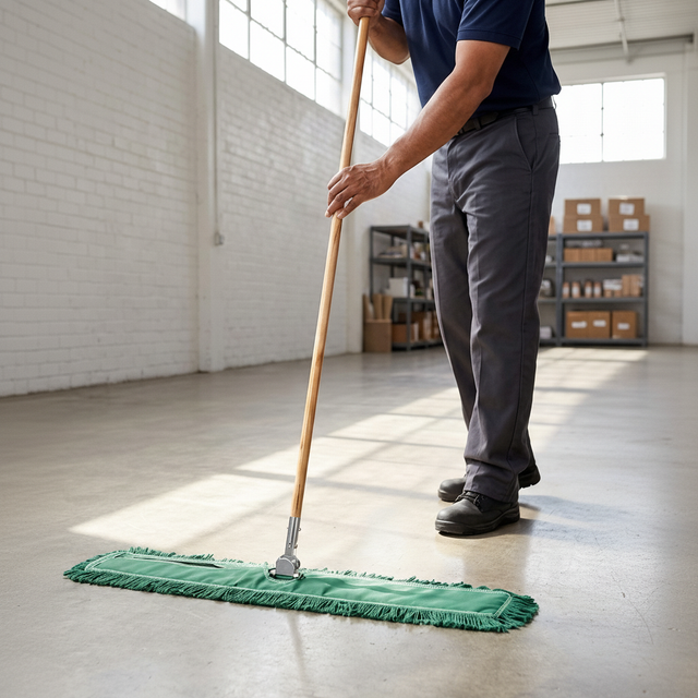 Person cleaning a floor with a green dust mop in a bright room.