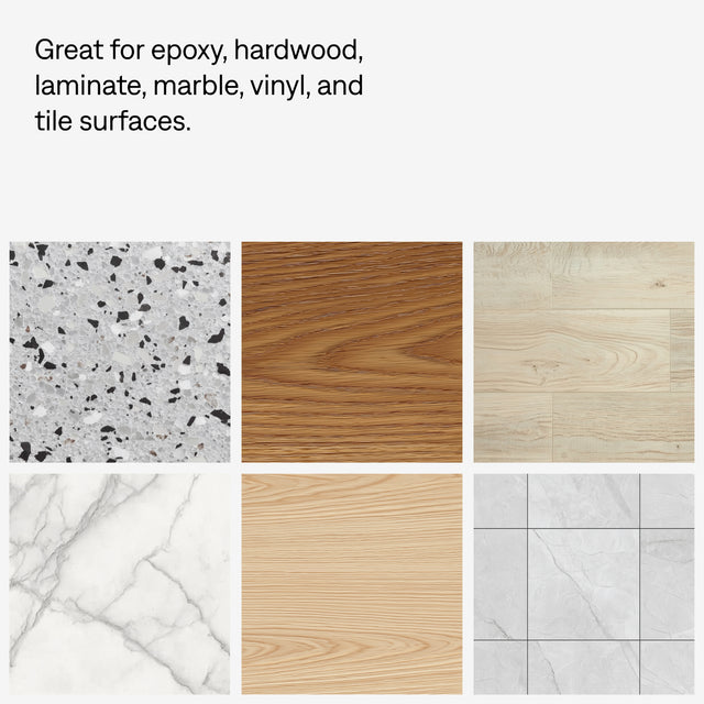 Text indicating suitability for various surfaces with images of different textures.