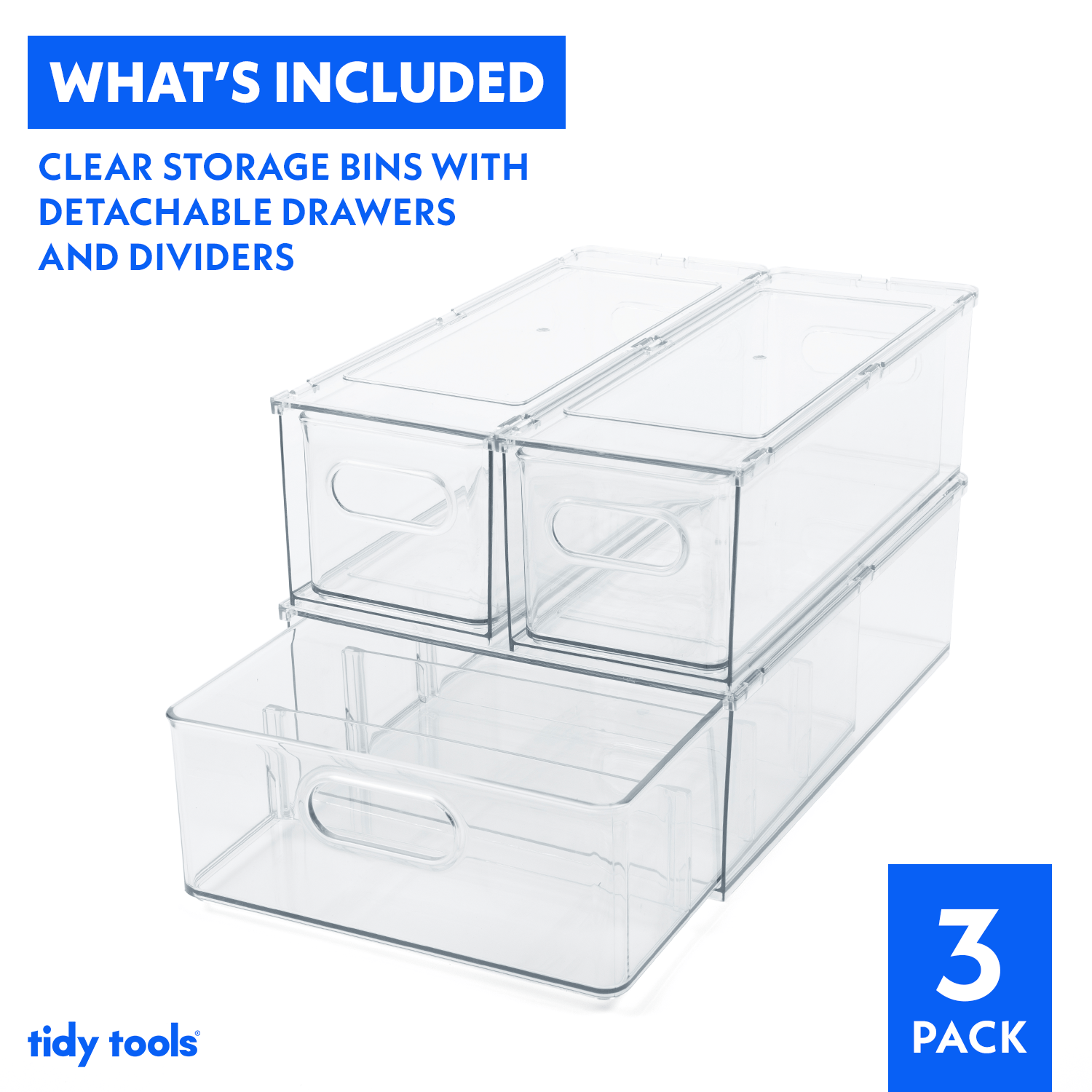 Tidy Tools Refrigerator Organizer Bins with Pull-out Drawer, Stackable, 3 Pack
