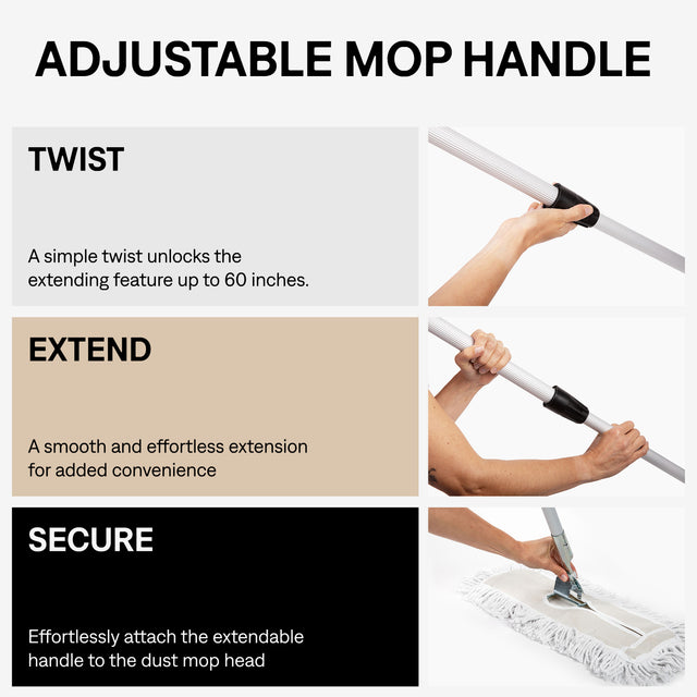 Adjustable mop handle with text explaining its features on a white background